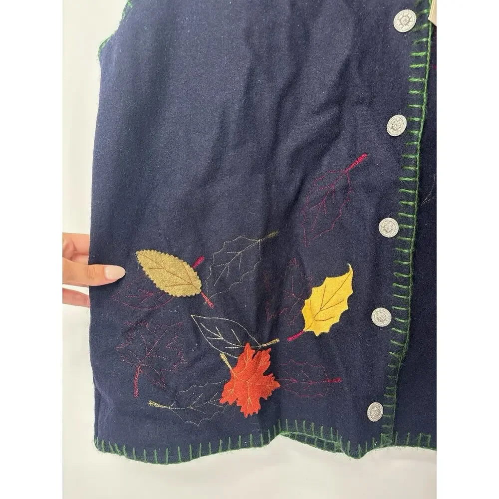 Vintage Lemon Grass Wool Vest 18W Navy Fall Leaves Appliqué Cottagecore